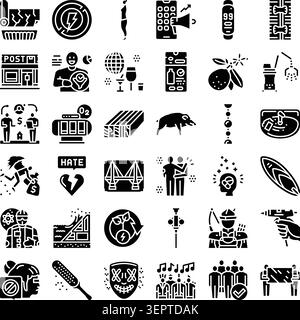 Collection d'icônes de glyphes noirs minimaux illustrant divers concepts, y compris les affaires, la technologie, les questions sociales, la nature et les objets du quotidien, tous Illustration de Vecteur