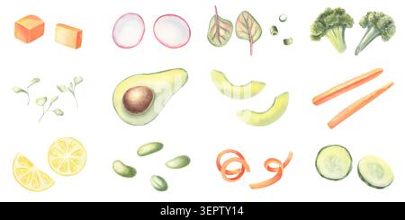Ensemble de légumes tranchés, fruits, microgreens pour poke bols, salades saines, avocat, mangue, concombre, carotte, brocoli, citron pour les menus de restaurant Banque D'Images