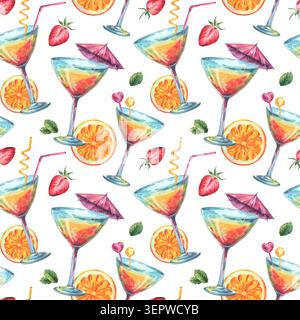 Motif aquarelle avec cocktails tropicaux, tranche d'orange et fraise. Illustration d'été dessinée à la main pour le menu de bar de plage, papier d'emballage et textile Banque D'Images