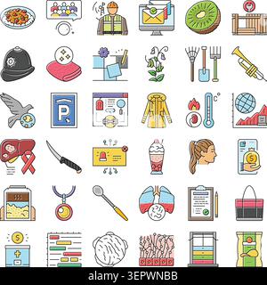 Ensemble de diverses icônes conceptuelles illustrant différents domaines et sujets, y compris la santé, la technologie, les affaires, la nourriture, nature, et professions pour de Illustration de Vecteur