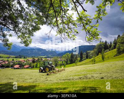 Tracteur vert fauchant prairie alpine avec les montagnes des Alpes Allgau en arrière-plan - paysage rural d'été, Bavière, Allemagne Banque D'Images