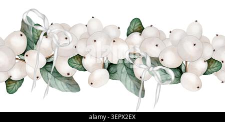 Illustration d'aquarelle de branches de Snowberry avec des noeuds de ruban. Plante de Noël dessinée à la main clip art botanique pour les vacances d'hiver cartes de voeux, floral Banque D'Images