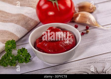 Gros plan de sauce tomate rouge épaisse dans un bol en céramique blanche avec tomate fraîche, gousses d'ail et persil sur une table en bois. Éclairage lumineux, couleurs éclatantes, Banque D'Images