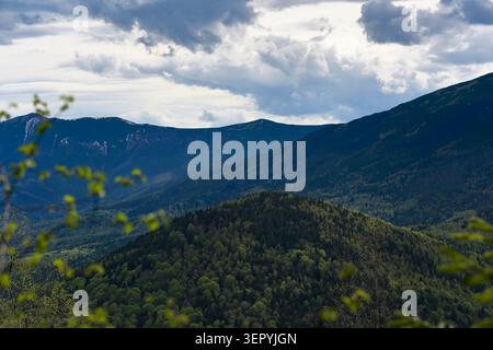 Paysage pittoresque des pentes verdoyantes des montagnes des Carpates sous un ciel lourd et spectaculaire avec de denses nuages de tempête. Vue panoramique sur les collines vallonnées couvertes Banque D'Images