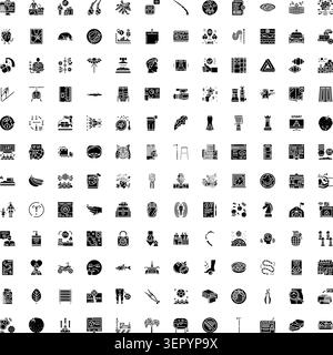 Vaste ensemble de 100 pictogrammes minimaux en noir et blanc représentant des objets, des activités et des concepts pour la conception, l'infographie, l'uiux, le web et la mob Illustration de Vecteur