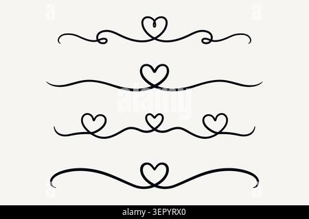 Ensemble séparateur en forme de cœur. Illustration vectorielle. Collection décorative de diviseur de coeur avec des lignes flourish romantiques et des bordures de coeur pour les invitations de mariage Illustration de Vecteur
