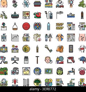 Collection d'icônes de dessin au trait minimal illustrant divers thèmes, y compris la santé, la finance, l'alimentation, la technologie, l'environnement, transport et wel personnel Illustration de Vecteur