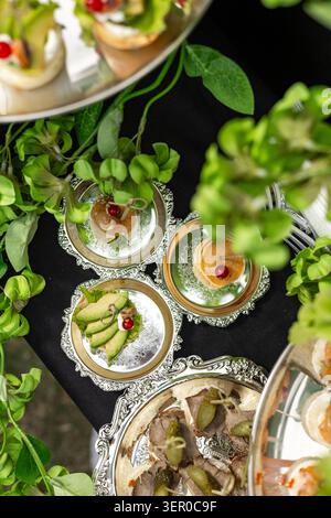 Un plan sophistiqué de haut en bas de hors-d'œuvre de fête haut de gamme comprenant des canapés à l'avocat, des brochettes de viande et des mini-crêpes servies sur des plateaux argentés ornés Banque D'Images