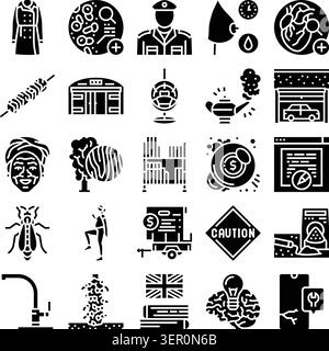 Jeu d'icônes de glyphe fournissant des représentations visuelles de divers sujets, y compris la médecine, les transactions financières, le service automobile, la nourriture, la construction, Illustration de Vecteur
