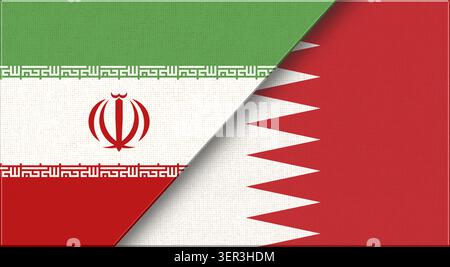 Double drapeau de l'Iran et du Bahreïn sur la texture du tissu. Deux drapeaux ensemble. Drapeau de l'Iran et Bahreïn - illustration 3D. Deux drapeaux ensemble - texture de tissu Banque D'Images
