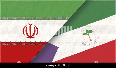 Double drapeau de l'Iran et de la Guinée équatoriale sur la texture du tissu. Drapeau de l'Iran et de la Guinée équatoriale - illustration 3D. Deux drapeaux ensemble - texture de tissu Banque D'Images