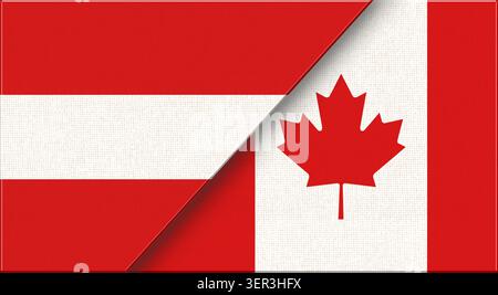Double drapeau de l'Autriche et du Canada sur la texture du tissu. Drapeau de l'Autriche et du Canada - illustration 3D. Drapeaux autrichien et canadien en un. Autriche - Canad Banque D'Images
