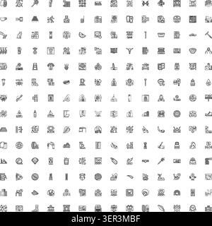Collection d'icônes de lignes fines représentant divers objets, concepts et activités, présentés sous forme de contours noirs sur un fond blanc, approprié pour div Illustration de Vecteur