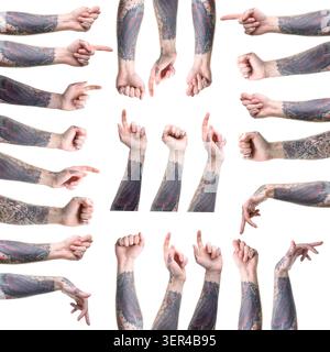 Homme montrant ses mains tatouées, gros plan. Ensemble de gestes sur fond blanc Banque D'Images