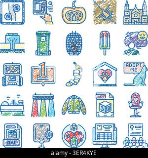 Icônes de doodle dessinées à la main vibrantes illustrant une collection diversifiée de concepts, y compris la technologie, le style de vie, la nourriture, la nature, et les questions sociales, provi Illustration de Vecteur
