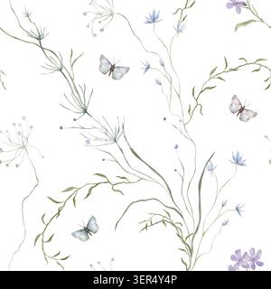 Motif floral romantique sans couture avec des papillons. Fleurs d'illustration d'aquarelle dessinées à la main - bleuet, phlox. Répétez l'ornement délicat bleu et Banque D'Images