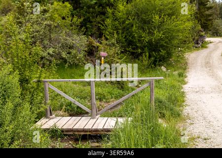 Petit pont rustique en bois traversant un ruisseau à côté d'un sentier de randonnée en terre avec un panneau en bois dans le parc national de Pirin, Bulgarie Banque D'Images
