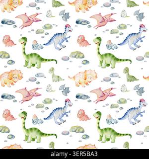 Motif aquarelle sans coutures avec de jolis dinosaures. Illustration dessinée à la main Banque D'Images
