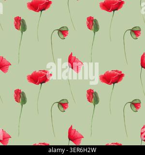 Motif sans couture de coquelicots rouges avec des bourgeons sur un fond vert. Illustration botanique à l'aquarelle. Festival du coquelicot sauvage. Dessiné à la main Souvenir Banque D'Images