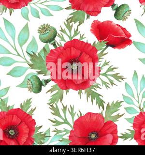 Motif sans couture avec coquelicots rouges, bourgeons, gousses de graines, feuillage de dentelle. Illustration botanique à l'aquarelle. Festival du coquelicot sauvage. Art isolé dessiné à la main Banque D'Images