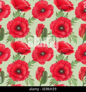 Motif sans couture de fleur de coquelicot rouge et de feuilles vertes. Illustration botanique à l'aquarelle. Fête du pavot sauvage. Art isolé dessiné à la main pour le fond Banque D'Images