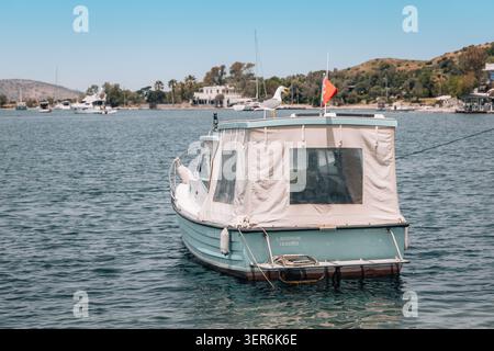 11 mai 2026, Gumusluk, Turkiye : mouette perchée sur un bateau de pêche amarré dans les eaux calmes du port, avec une ville côtière en arrière-plan Banque D'Images