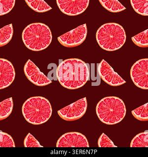 Modèle sans couture de tranches de pamplemousse. Illustration aquarelle et marqueur. Fruits écologiques. Dessiné à la main isolé Morceaux d'agrumes rouges. Arrière-plan Banque D'Images