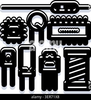 Collection of monochrome icons illustrating essential tools, parts, and equipment for manufacturing, engineering, and industrial processes, representi Illustration de Vecteur