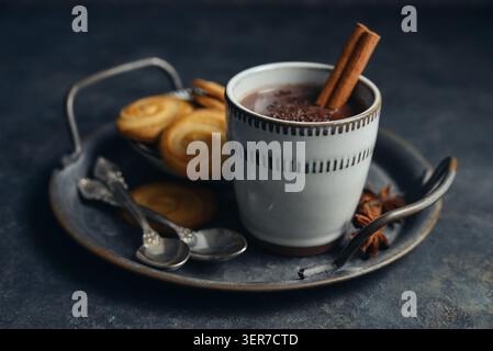 Boisson chaude traditionnelle mexicaine champurrado dans une tasse sur un plateau en métal vintage avec des biscuits, bâton de cannelle et anis étoilé sur un fond sombre. Concept Banque D'Images