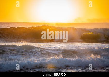 Vue d'un surfeur chevauchant une grande vague lors d'un coucher de soleil doré vibrant sur l'océan Atlantique à El Cotillo, Canarias, Espagne. Banque D'Images