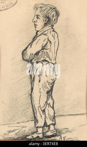 Achille Flaubert réalise un portrait de Gustave Flaubert durant son enfance, présentant une ressemblance précoce basée sur le souvenir des traits familiaux et de l'apparence jeune associés à Gustave Flaubert (1821-1880). Le dessin met l'accent sur la représentation biographique de sa jeunesse et de son contexte familial. Banque D'Images