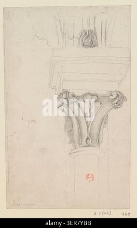 Le capital du réfectoire de l'abbaye de Saint-Martin-des-champs à Paris est représenté dans un dessin architectural de 1835 de Jean-Baptiste-Antoine Lassus, détaillant l'ornement gothique du XIIIe siècle, la structure en pierre sculptée et la décoration architecturale monastique dans le complexe de la rue Saint-Martin. Banque D'Images