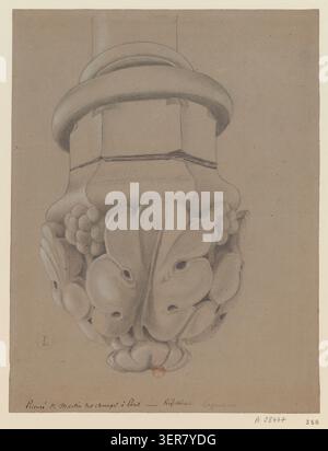Lassus, Jean-Baptiste-Antoine enregistre un cul-de-lampe du réfectoire de l’abbaye Saint-Martin-des-champs à Paris, mettant l’accent sur des éléments décoratifs gothiques de soutien architectural dans un dessin de 1835 de la rue Saint-Martin. Banque D'Images