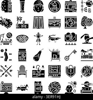 Collection de diverses icônes de glyphe illustrant des concepts liés à la santé, aux affaires, à la science, à l'éducation, à la technologie, et géographie, parfait pour l'utilisateur i. Illustration de Vecteur