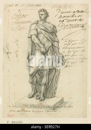 1695 dessin enregistre un projet sculptural de Jules César commencé à Paris, associé à Nicolas Coustou, documentant la conception classique du portrait dans la planification de la sculpture du jardin royal. Banque D'Images