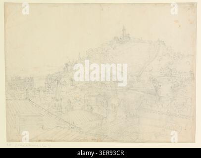 Étienne Martellange produit une vue de paysage dessinée de Lyon avec un accent sur la colline de Fourvière et la cathédrale environnante en 1617, capturant la topographie élevée de la ville et l'horizon religieux au début du XVIIe siècle en France. Banque D'Images