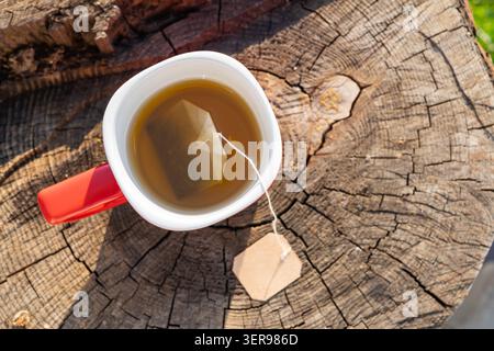 Une tasse de thé chaude repose sur une souche d'arbre rustique, évoquant les plaisirs simples de la vie lente à la campagne. Un sachet de thé ajoute à la sérénité et à la paix Banque D'Images