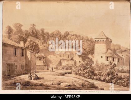 La Tour de Maouhourat se dresse à proximité des bains du Dauphin à Bagnères-de-Bigorre, avec un dessin de 1799 installations thermales et un terrain de vallée pyrénéenne environnant associé à des stations thermales et des sites de traitement climatique. Banque D'Images