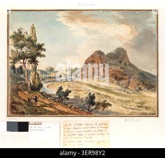 Le dessin présente des formations de basalte près du mont Denise à Espaly, où la borne River coule à travers des formations rocheuses volcaniques colonnaires et un terrain accidenté près des ruines du Château d’Espaly dans une étude d’histoire naturelle du XVIIIe siècle réalisée par Antoine Meunier. Banque D'Images