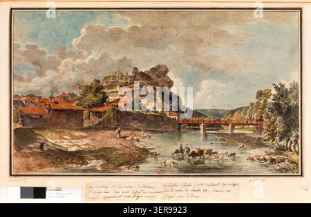 Dessin présente le village d'Espaly-Saint-Marcel en haute-Loire, en France, combinant vestiges de château en ruines, activité riveraine, lavanières, bétail et habitations rurales dans une scène paysagère pastorale du XVIIIe siècle. Banque D'Images