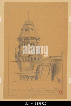 La tour St Eustache à Paris présente une structure de plate-forme portant une lanterne en plomb utilisée comme installation télégraphique optique Chappe, documentée en mars 1884 dans l’architecture de l’église urbaine du second arrondissement. Banque D'Images