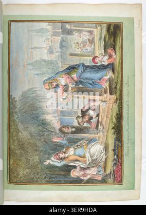 Les femmes turques se rassemblent dans un cimetière et pleurent sur les tombes de parents dans une scène rituelle funéraire, documentée dans les dessins d’observation de François Rosset en 1790 illustrant les coutumes funéraires ottomanes, les pratiques de deuil et l’expression sociale émotionnelle. Banque D'Images