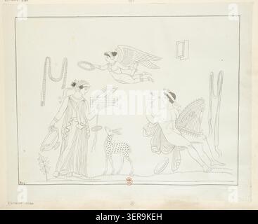 Un dessin archéologique de 1814 enregistre un pelike de figure rouge montrant Eros en vol, une femme tenant un cercueil et un jeune jouant d'une lyre, documentant des scènes domestiques mythologiques et musicales grecques dans le cadre d'études de vases classiques. Banque D'Images