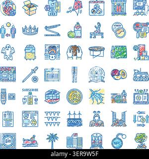Collection d'icônes esquissées colorées représentant divers concepts, objets et activités, illustrant différents aspects de la vie, de la technologie et Illustration de Vecteur