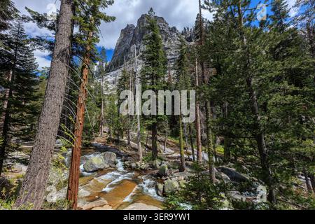 High Sierra Creek, en aval de Tokopah Falls, falaise de granit au loin, parc national de Sequoia, Californie, États-Unis Banque D'Images