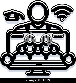 Icône d'un écran d'ordinateur montrant un présentateur et plusieurs participants dans une classe virtuelle ou une réunion, connectés par des signaux réseau et wi-fi pour distant Illustration de Vecteur