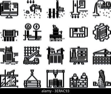 Collection d'icônes illustrant les différentes étapes et éléments de la construction, l'infrastructure du bâtiment, la conception architecturale, le développement de l'industrie Illustration de Vecteur