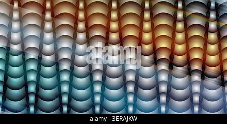 Un fond abstrait vibrant composé d'une grille de sphères avec des dégradés de couleurs variables du bleu à l'or, rehaussés par des éclats de lumière diagonaux. Banque D'Images