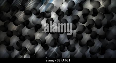 Un fond abstrait sombre et sophistiqué avec un motif répétitif de formes arrondies et de légères stries diagonales douces sur une texture de métal brossé. Banque D'Images