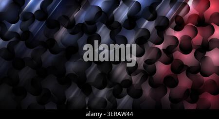 Un fond d'art numérique abstrait avec des formes arrondies sombres et superposées contrastées par des stries lumineuses diagonales rouges et bleues éclatantes. Banque D'Images